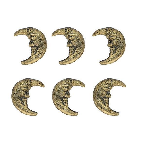 Set of 6 Gold Cast Iron Crescent Moon Face Drawer Pulls Decorative Cabinet Knobs - Picture 1 of 12